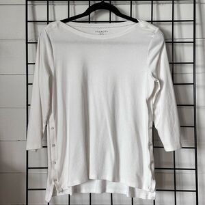 Talbots Stretch‎ Weekend Tee Womens Petite L White Faux Snap Accents 3/4 Sleeve